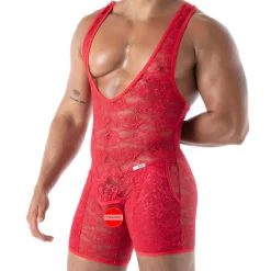 TOF Paris Bodys Sexy|Tenues Sexy-Body à Poches en Dentelle Fluide Rouge