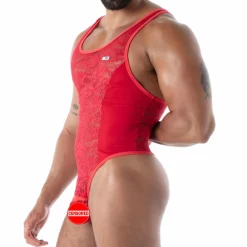 TOF Paris Tenues Sexy|Bodys Sexy-Body String en Dentelle Fluide Rouge