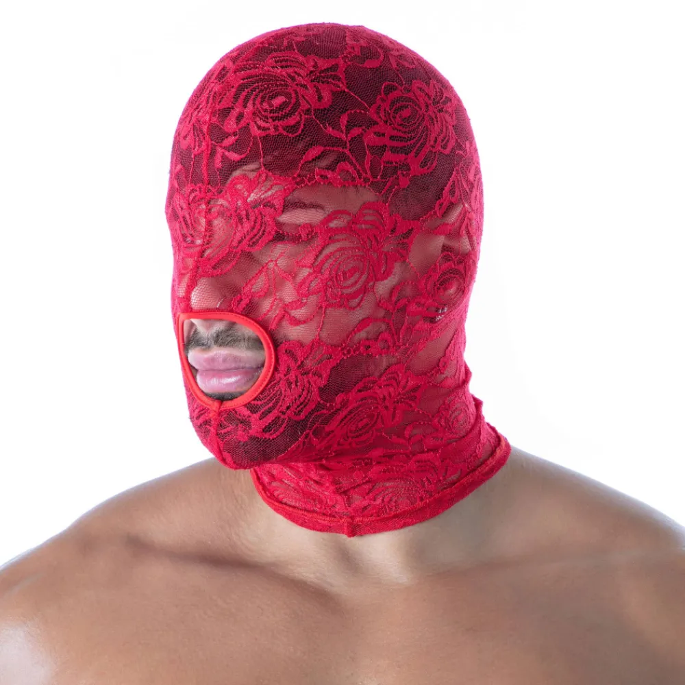 TOF Paris Accessoires Sexy-Cagoule Bouche Ouverte en Dentelle Fluide Rouge