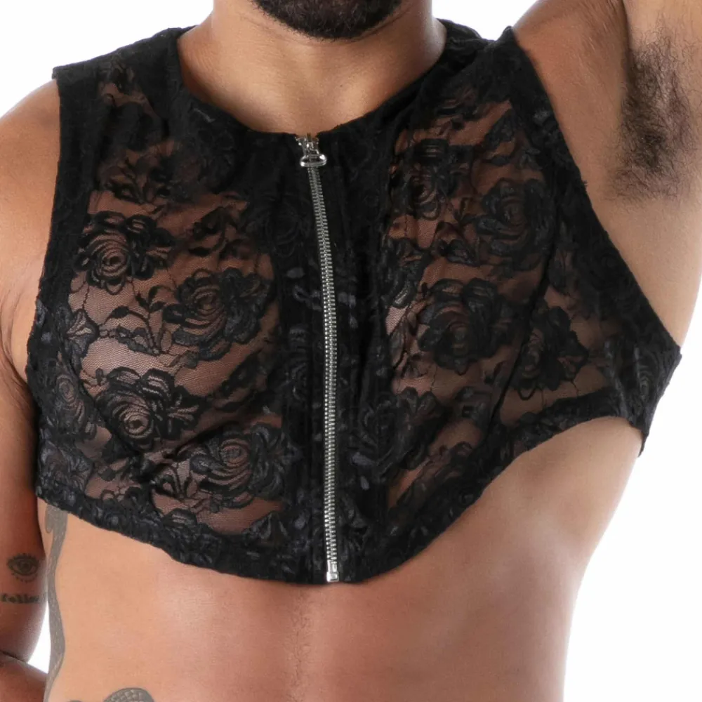 TOF Paris Tenues Sexy-Crop Top Zippé en Dentelle Fluide Noir