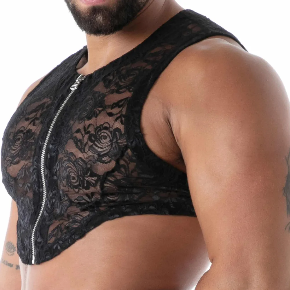 TOF Paris Tenues Sexy-Crop Top Zippé en Dentelle Fluide Noir