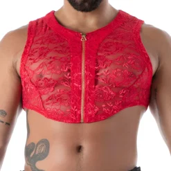 TOF Paris Tenues Sexy-Crop Top Zippé en Dentelle Fluide Rouge