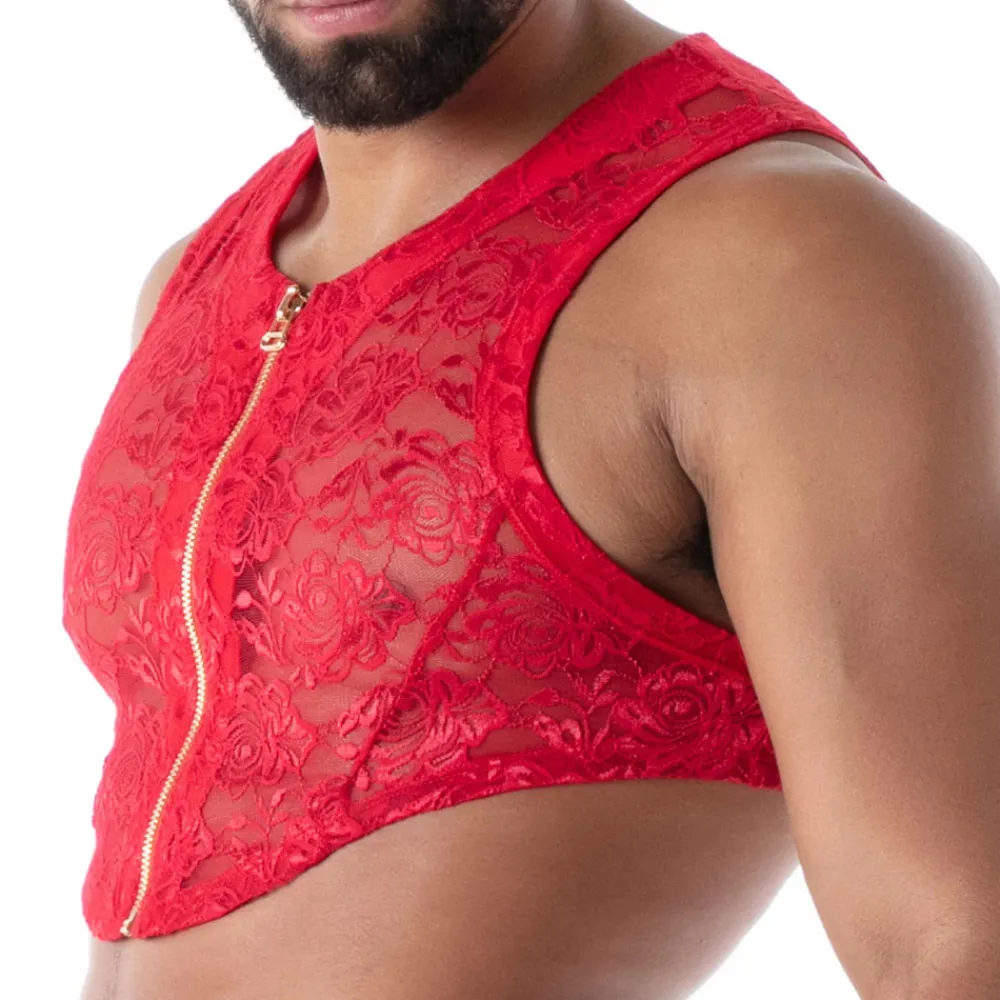 TOF Paris Tenues Sexy-Crop Top Zippé en Dentelle Fluide Rouge