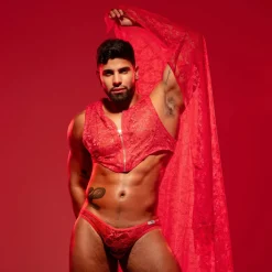 TOF Paris Tenues Sexy-Crop Top Zippé en Dentelle Fluide Rouge