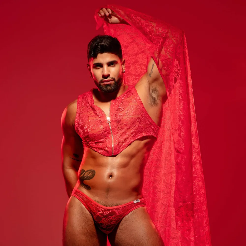 TOF Paris Tenues Sexy-Crop Top Zippé en Dentelle Fluide Rouge