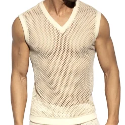 ES Collection Débardeurs-Débardeur Col V Crochet Beige