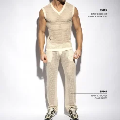 ES Collection Débardeurs-Débardeur Col V Crochet Beige