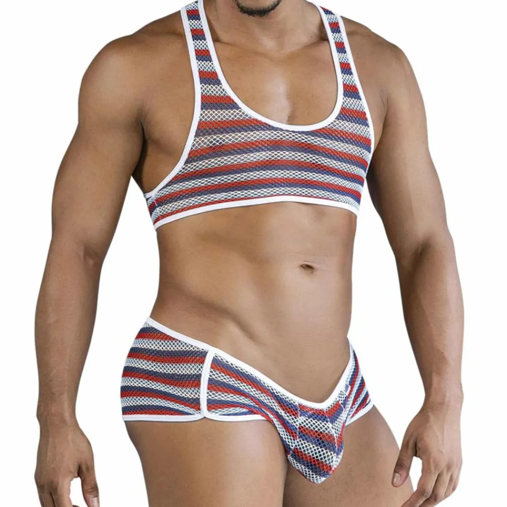 CandyMan Tenues Sexy-Ensemble Crop Top - Shorty à Rayures Colorées