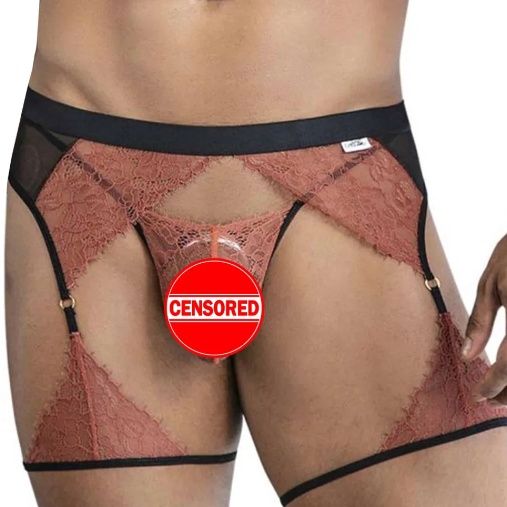 CandyMan Tenues Sexy|Strings-Ensemble Jarretière - String Ficelle Dentelle Terracotta