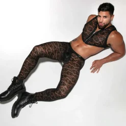 TOF Paris Tenues Sexy|Sous-Vêtements Push Up-Legging Ouvert en Dentelle Fluide Noir