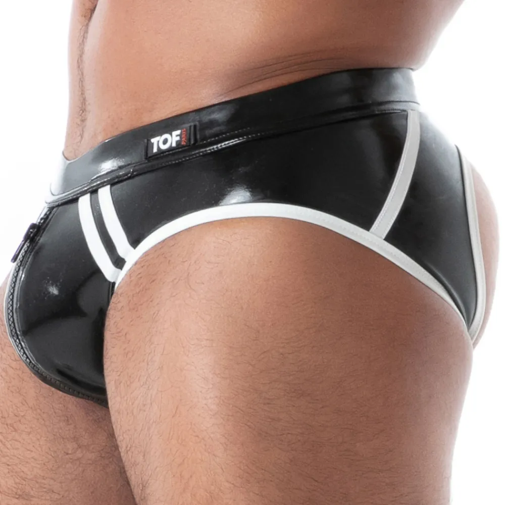 TOF Paris Slips Sexy-Slip Empty Bottom Zippé en Latex Seconde Peau Noir