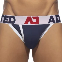 Addicted Slips Tanga|Slips-Slip Tanga Open Fly Coton Bleu Marine - Blanc