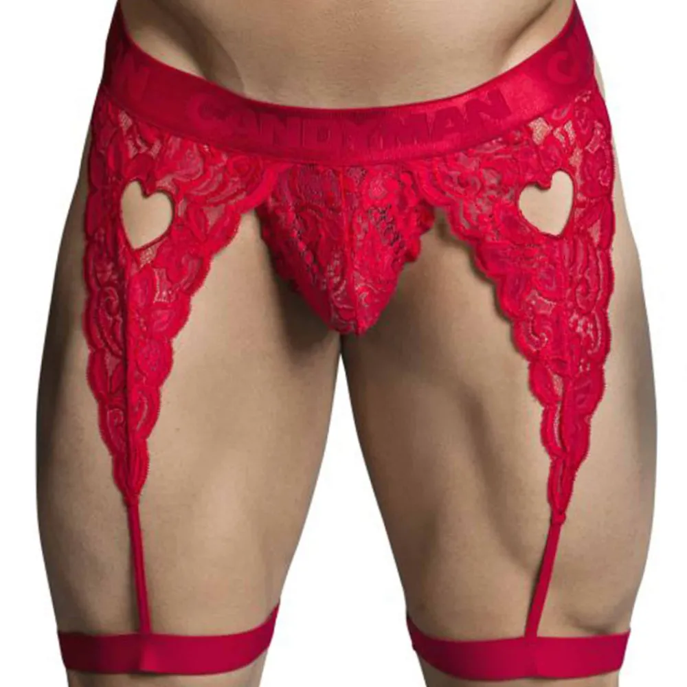 CandyMan Strings-String Jarretière Dentelle Rouge
