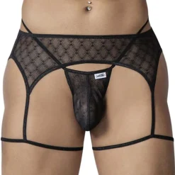 CandyMan Strings-String Jarretière Résille Géométrique Noir