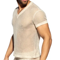ES Collection T-Shirts-T-Shirt Col V Crochet Beige