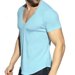 ES Collection T-Shirts-T-Shirt Col V Plongeant Bleu Ciel