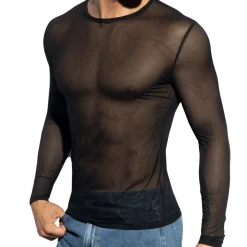 ES Collection Tenues Sexy|T-Shirts-T-Shirt Net Manches Longues Noir